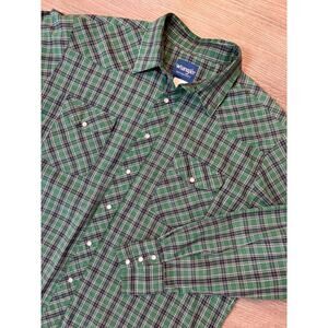 Vintage 80's Wrangler Western Cowboy Shirt Green Plaid Retro Pearl Snap XXL